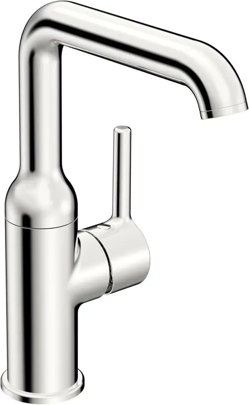 Edelstahl-HANSA-Waschtischbatterie mit einem hohen Auslauf und seitlichem Hebel zum Regulieren von Wasserfluss und -temperatur. Minimalistisches Design ohne sichtbare Bedienelemente.
